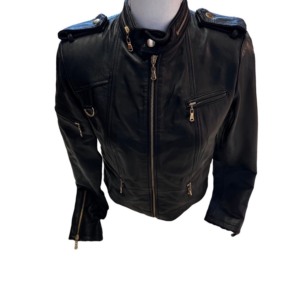 GILI Leather Black Moto Jacket Coat Size 4 Gold Hardware Pockets Zippers NEW - Picture 6 of 16